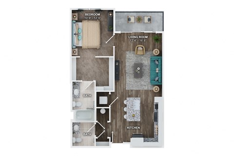 Floor plan for 1 bed, 1.5 baths, 784 sqft